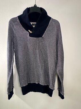 Zara Man Shawl Collar Knit Sweater Gray Navy Cotton Size M Portugal